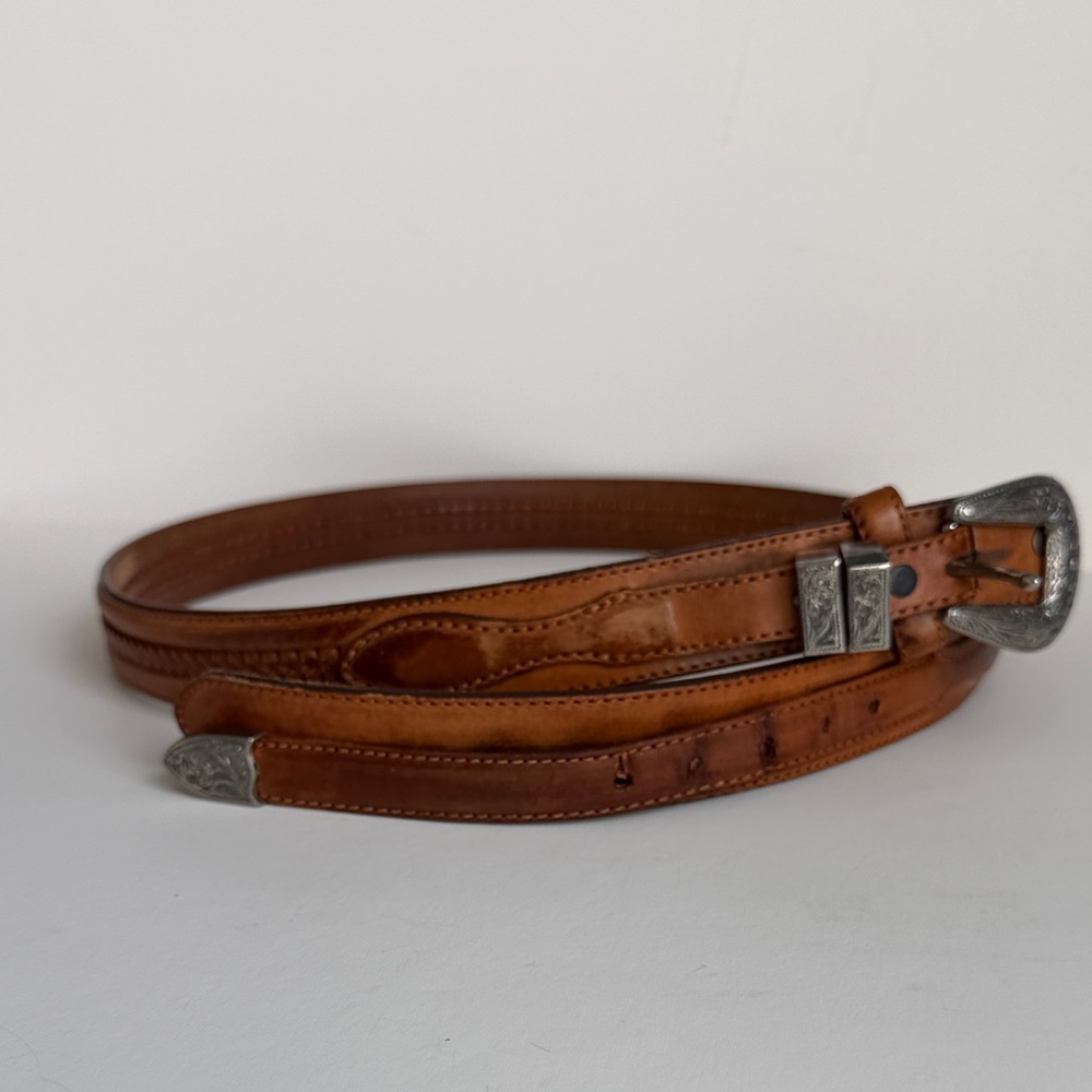 Vintage Tony Lama Brown Leather Belt with Silver Buckle  size 36